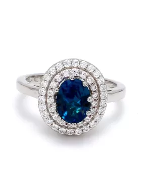 Blue Sapphire And American Diamond Doubal Halo Ring In Silver