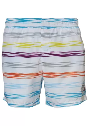 White and Multicoloured striped Medium Length Swim Shorts